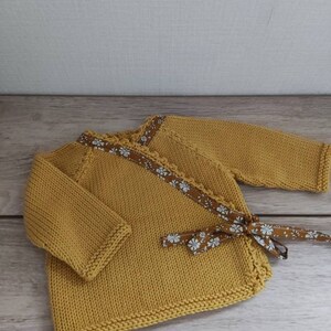 Baby crop top, slippers and beguin set in mustard merino wool and liberty capel fabric image 6