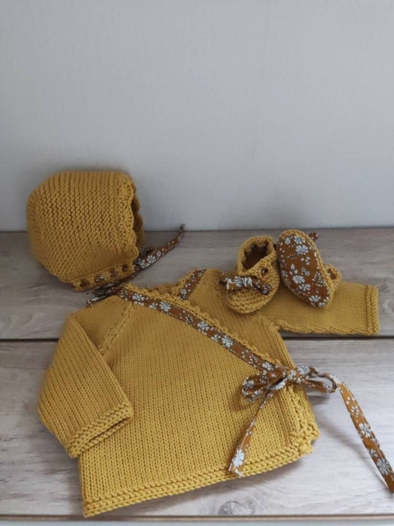 Baby crop top, slippers and beguin set in mustard merino wool and liberty capel fabric image 1