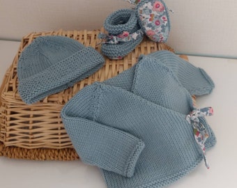 Wrap bra set with matching bonnet and slippers in celadon merino wool and liberty fabric