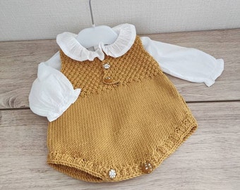 Baby knit wool romper, hand knitted in mustard and liberty merino wool