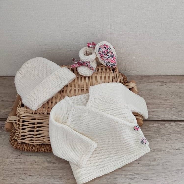 Off-white merino wool wrap bra set with matching hat and slippers and liberty buttons