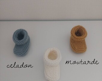 Chaussons Bébé Tricotés Main En Laine Mérinos Couleur Moutarde - Taille 0-3 Mois, Neufs Avec étiquettes