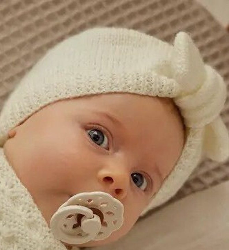 Bonnet turban bébé avec noeud tricoté à la main en laine mérinos image 1