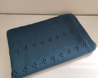 Dark turquoise hand knitted merino wool baby blanket
