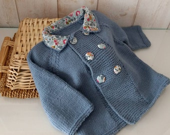 Jacket, baby vest double buttoning in merino wool blue knitted hand collar, buttons covered with liberty fabric Betsy porcelain