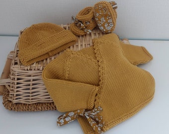 Wrapover bra set with matching hat and slippers in mustard merino wool and liberty fabric