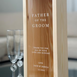 Caja de botella personalizada para el padre del novio, regalo de boda para el padre de la novia, caja de madera para botella de champán, vino y whisky, regalo de boda