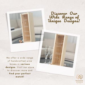 May include: Two wooden wine boxes with personalised engravings. The first box says "Gab & Danny" and the second box says "Father of the Groom". Both boxes are displayed on a white background.
