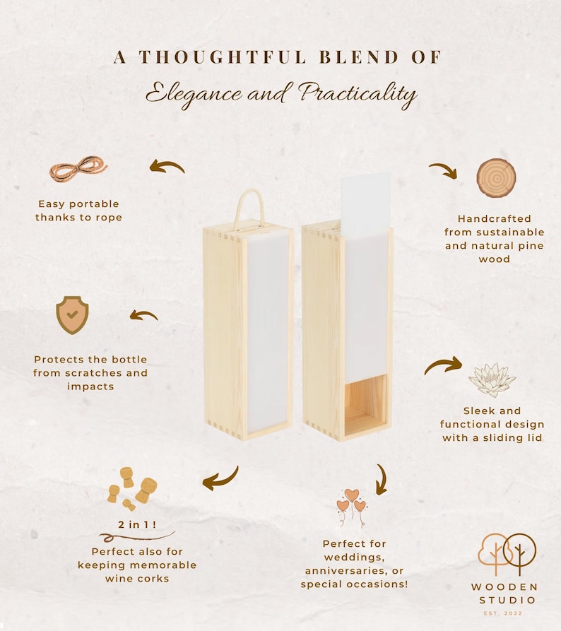 May include: A wooden box with a sliding lid for storing wine bottles. The box is made from natural pine wood and has a rope handle for easy portability. It also features a space for storing wine corks.