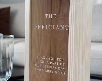 Personalized Officiant Wine Gift Box, Engraved Wooden Wedding Keepsake, Ceremony Appreciation Gift for Officiant, Custom Champagne Wine Box