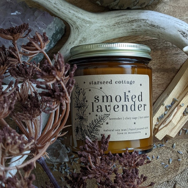 smoked lavender | natural soy hand poured candle | burnt lavender, clary sage, smoke, cedar, patchouli | AMBER JAR