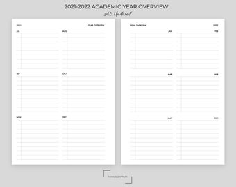 2021-2022 Academic Planner | A5 Planner Year Overview | Printable | Students Teachers Professors Instructors Studying Teaching