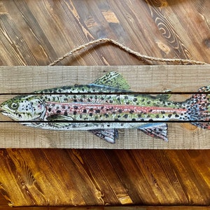 Rainbow Trout Rustic Wood Original Paint Acrylic Painting 37&quot;x10,5&quot; Fishing Cavin wall hangings wall decor indoor outdoor hand-painted