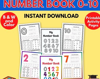 Op de afbeelding: Een printbaar nummerboek voor kinderen van 2-5 jaar. Het boek bevat zwart-witte pagina's met de nummers 0-10, samen met oefeningen voor het schrijven van de nummers en kleurplaten. Het boek is letterformaat (8,5 x 11 inch).
