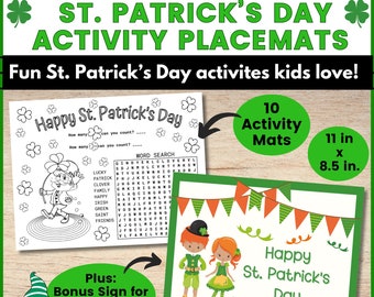 St. Patrick's Day Activity Placemats Kid's Printable St. Patrick's Day Party Activity, St. Patrick's Day Coloring Mat, March Activity Sheets