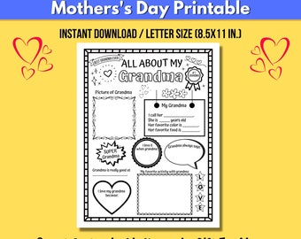 All About My Grandma Printable, Kids Mother's Day Printable, Personalized Keepsake Gift For Grandma From Kids, Kids Activity For Grandma