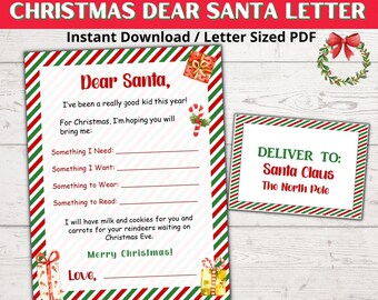 Printable Santa Letter With Envelope, Children's Letter to Santa, Kid's Christmas Wish List, Dear Santa Claus Letter, Santa Letter Template