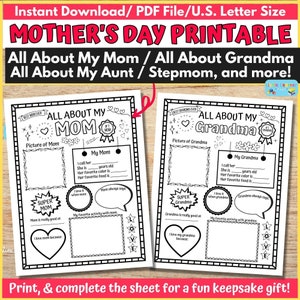 All About My Mom All About My Grandma Printable, Kids Mother&#39;s Day Activity, Kids Personalized Keepsake Gift For Mom, Grandma, Stepmom, Aunt