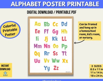 Printable Alphabet Poster, Kids Alphabet Chart, Colorful ABC Chart, Early Learning Homeschool Resource, Classroom Poster Preschool Chart