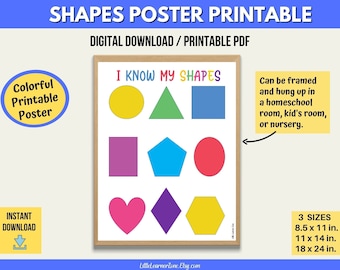 Printable Shapes Poster, Kid's Shapes Chart, Colorful Shapes Chart, Early Learning Homeschool Resource, Classroom Poster, Preschool Chart