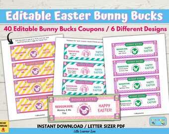 Easter Bunny Bucks Printable, Editable Easter Gift Coupons, Easter Egg Fillers, Customizable Easter Basket Coupons, Non-Candy Easter Prize