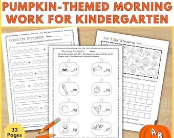 May include: Black and white printable worksheets for kindergarten featuring a pumpkin theme. The worksheets include activities such as counting pumpkins, rhyming words, and a fall "I Spy" and graphing activity.