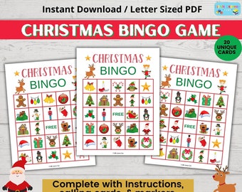 May include: A printable Christmas bingo game with 20 unique cards. The cards feature a variety of Christmas-themed images, including a snowman, a reindeer, a Christmas tree, and a gingerbread man. The game is perfect for kids of all ages and includes instructions, calling cards, and markers.