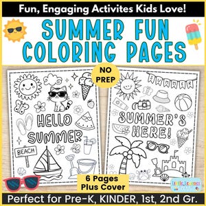 Könnte beinhalten: Sommer-Malvorlagen für Kinder. Das Cover zeigt den Text "Summer Fun Coloring Pages" in Blau, mit Bildern von Sonne, Eis und Eis am Stiel. Die Malvorlagen enthalten sommerliche Bilder wie Sonne, Sonnenbrille und Segelboot. Enthält 6 Seiten plus Cover.