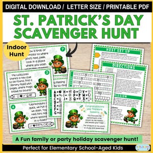 St. Patrick&#39;s Day Scavenger Hunt for Kids, St. Patrick&#39;s Day Indoor Treasure Hunt Clue Cards Game Printable St. Patricks Day Game Homeschool