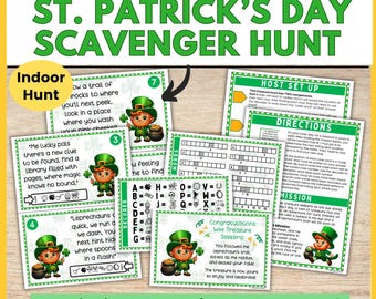 St. Patrick's Day Scavenger Hunt for Kids, St. Patrick's Day Indoor Treasure Hunt Clue Cards Game Printable St. Patricks Day Game Homeschool