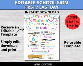 First Day of School Editable Sign, First Day, Last Day School Printable, Back to School Editable Poster, Personalized School Keepsake Sign
