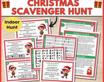 Può includere: Un gioco di caccia al tesoro di Natale stampabile per bambini. Il gioco presenta un tema natalizio festoso con illustrazioni di elfi e una tavolozza di colori rosso e bianco. Il gioco include un decodificatore, un cruciverba e un set di indizi.