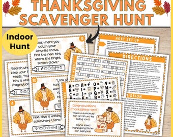 May include: Thanksgiving Scavenger Hunt printable PDF with clues and instructions. Includes a fun indoor hunt for elementary-aged kids. Features a turkey character and fall-themed graphics.