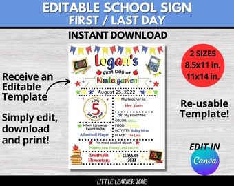 First Day of School Editable Sign, First Day, Last Day School Printable, Back to School Editable Poster, Personalized School Keepsake Sign