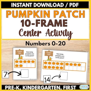Könnte beinhalten: Ein digitales Lernblatt mit dem Titel Pumpkin Patch 10-Frame Center Activity Numbers 0-20. Das Arbeitsblatt enthält Zehnerfeld-Raster mit orangefarbenen Kürbis-Illustrationen, ein Holzschild-Motiv und leere Kästchen zum Eintragen der Zahlen 7 und 14.