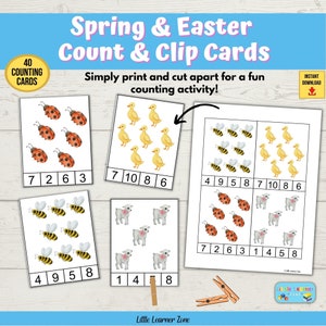 May include: A set of 40 printable count and clip cards featuring spring and Easter themes. The cards feature images of ladybugs, ducks, bees, lambs, and numbers. The cards are designed for children to practice counting and matching numbers.