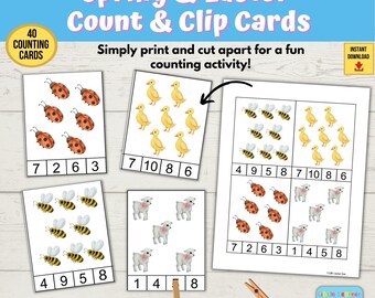 Spring Count & Clip Cards Numbers 1-20 Easter Counting Cards Math Counting Clip Cards for Kindergarten, Preschool Montessori Math Homeschool