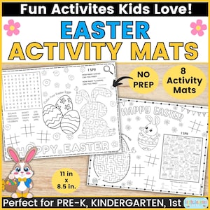 May include: Easter activity mats with the text "Fun Activities Kids Love!" and "Easter Activity Mats." The mats include mazes, coloring pages, and I Spy games. The mats measure 11 x 8.5 inches and are designed for pre-K, kindergarten, and 1st grade.