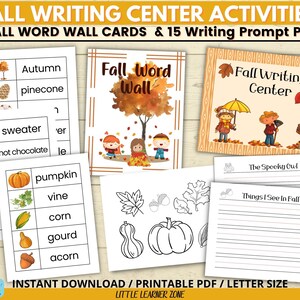 Centre d'écriture d'automne, Cartes murales de mots d'automne, Invites d'écriture d'automne avec images à colorier, Papier d'écriture primaire ligné, Écriture créative d'automne