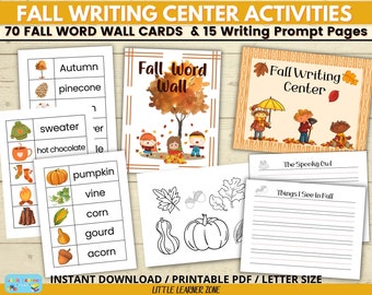 Fall Writing Center, Fall Word Wall Cards, Fall Writing Prompts With Coloring Images, Primary Lined Handwriting Paper, Fall Creative Writing