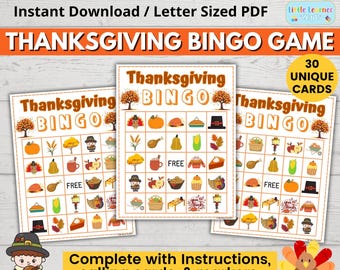 May include: Thanksgiving Bingo game printable with 30 unique cards. The cards feature images of turkeys, pumpkins, corn, pies, and other Thanksgiving-themed items. The game includes instructions, calling cards, and markers.