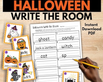 Puede incluir: Una actividad educativa con temática de Halloween para niños. La imagen muestra una hoja de trabajo con espacios numerados y tarjetas ilustradas. Las tarjetas presentan vocabulario de Halloween como "fantasma", "caramelos" y "araña". La hoja de trabajo se titula "Halloween Write the Room."