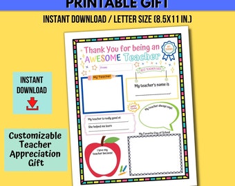 Teacher Appreciation Week Gift, All About My Teacher Printable , Thank You Card For Teacher, End of Year Teacher Gift, Kid's Teacher Card