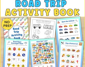 May include: A collection of six printable road trip activity pages. The pages include activities such as coloring vehicles, spotting vehicles, road sign scavenger hunts, and I Spy games. The text on the pages reads "Road Trip Activity Book" and "Instant Download / PDF".