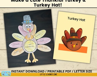 Thankful Turkey for Kids Printable Craft, Thanksgiving DIY Kids Turkey Crafts, Kids Turkey Hat Craft, Build A Turkey Kids Activity Printable