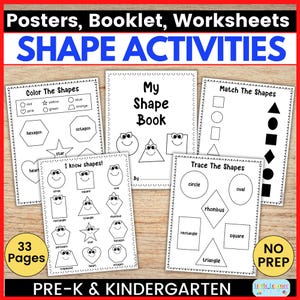 Könnte beinhalten: Eine Sammlung von pädagogischen Arbeitsblättern und einem Heft mit dem Titel Posters, Booklet, Worksheets SHAPE ACTIVITIES. Die Seiten zeigen schwarz-weiße Strichzeichnungen verschiedener Formen wie Kreise, Quadrate, Dreiecke und Herzen mit Text.