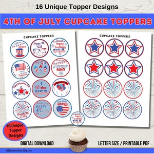 4th of July Cupcake Toppers, Printable July 4th Cupcake Topper, Fourth of July Party Decoration, Independence Day Patriotic Cake, Cookie Tag