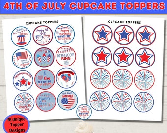 4th of July Cupcake Toppers, Printable July 4th Cupcake Topper, Fourth of July Party Decoration, Independence Day Patriotic Cake, Cookie Tag