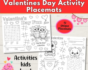 Valentine's Day Activity Placemats Kid's Printable Valentine's Day Party Activity, Valentine's Coloring Placemat, Valentine Activity Sheets