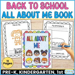 Peut inclure: Un livre imprimable Back to School All About Me pour les élèves, comprenant 11 pages avec des activités de coloriage, des sections à remplir pour les noms et anniversaires, et des illustrations d'enfants, encadrées de bordures festonnées.